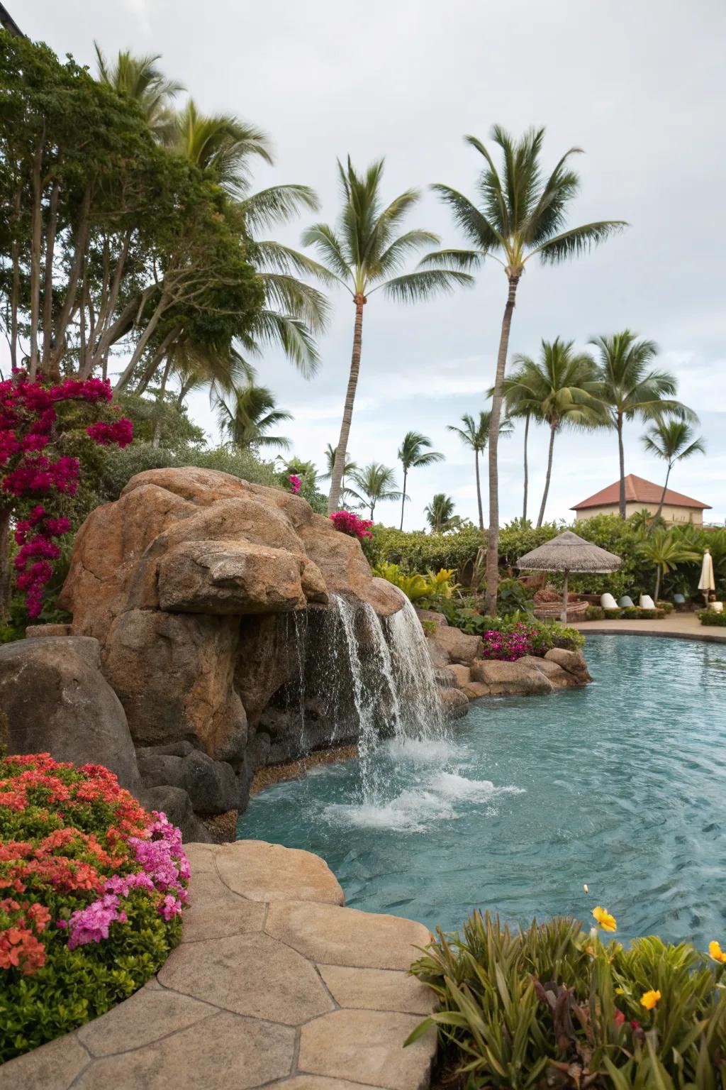 A diving rock surrounded by a lush tropical paradise.