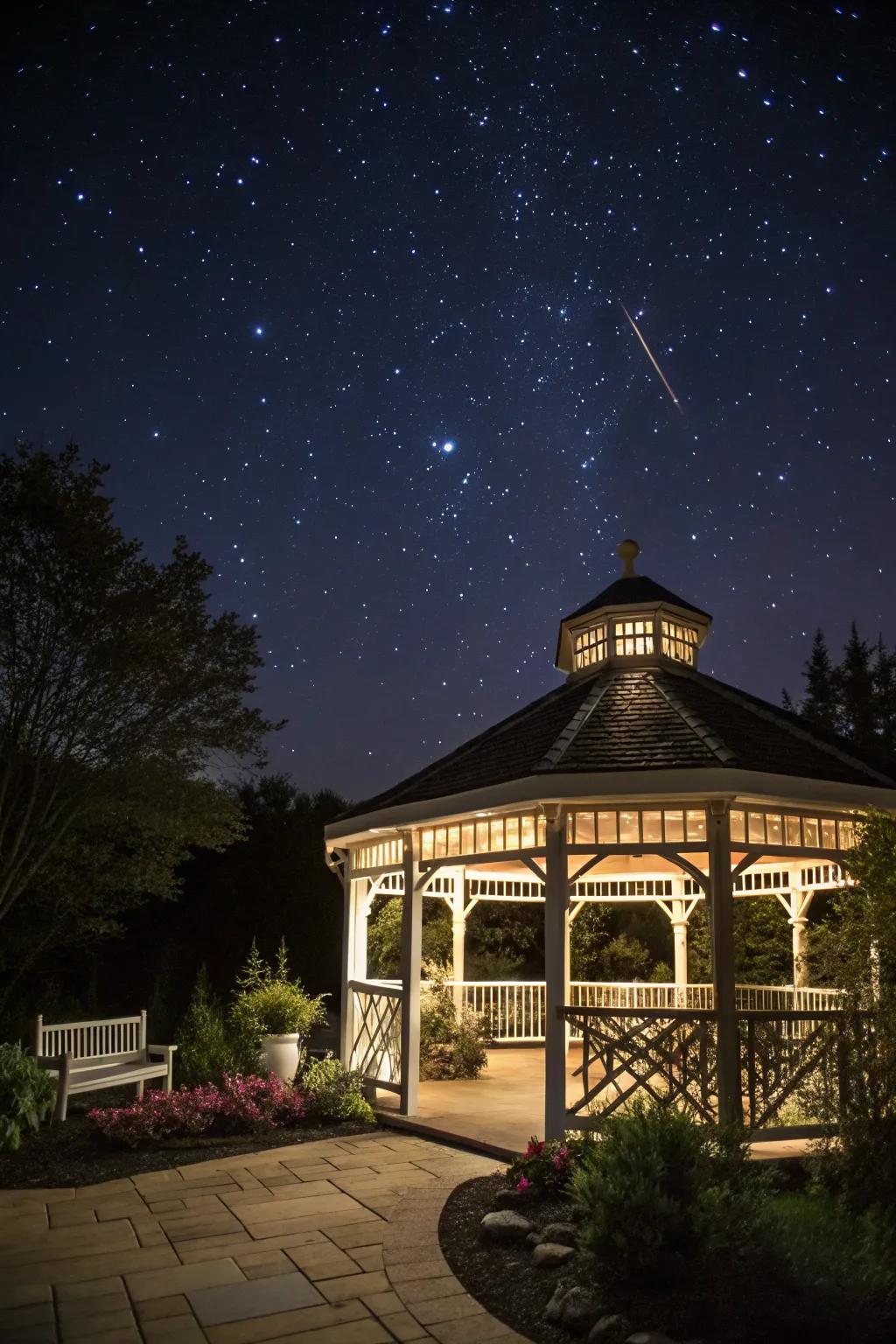 A gazebo with a skylight, inviting both sunlight and starlight.