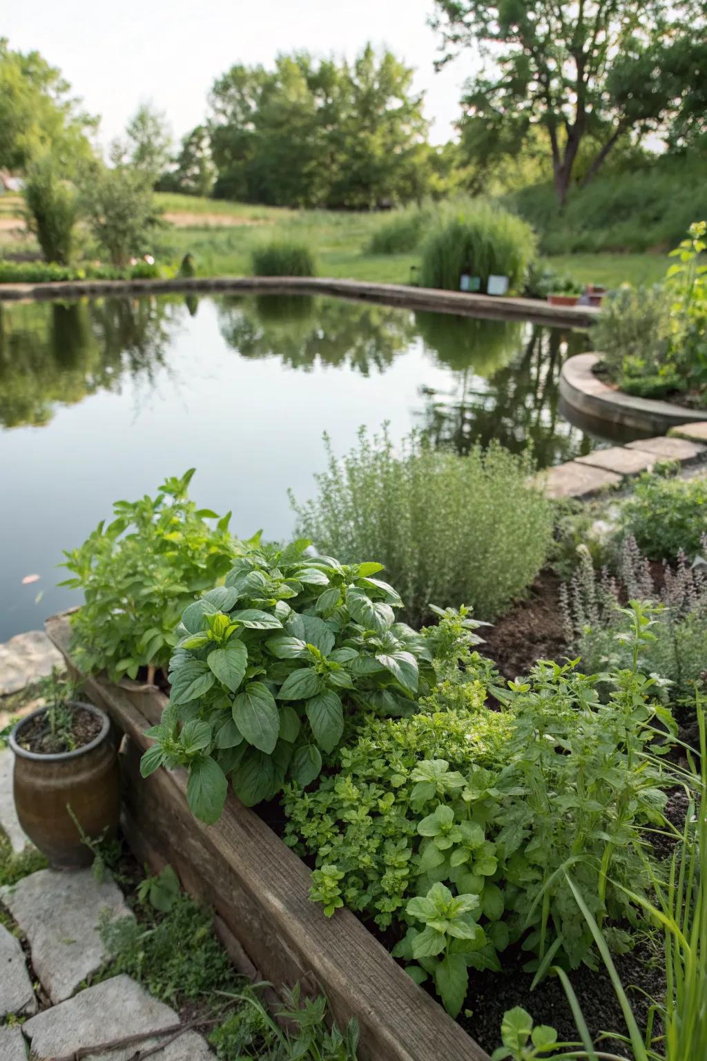 Enjoy fresh herbs with a combined pond and garden.