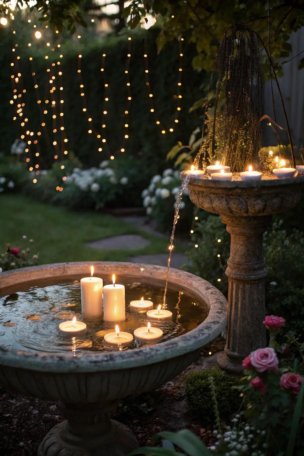A festive birdbath display adds whimsy to your garden.