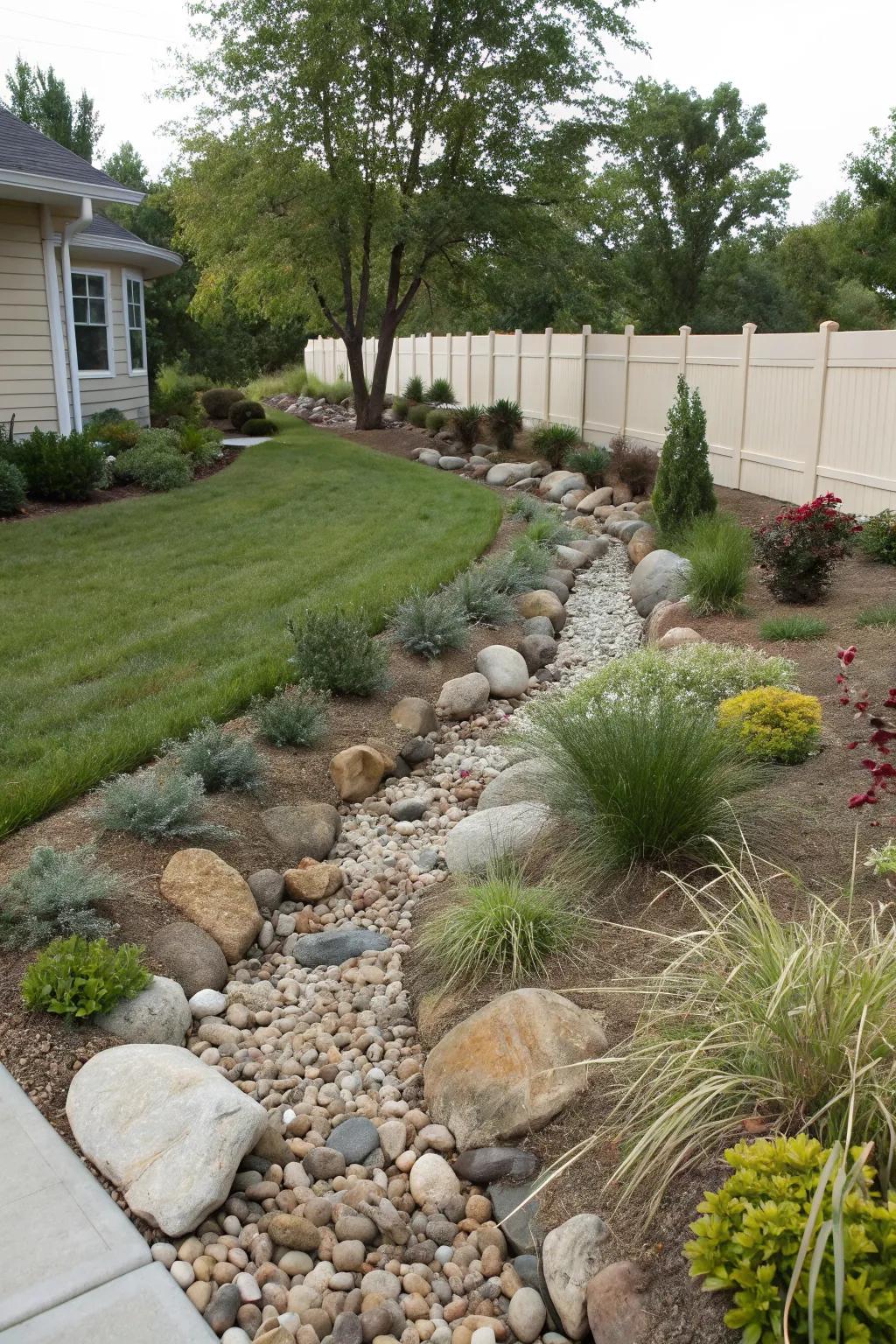 A dry stream bed adds a natural element and aids in drainage.