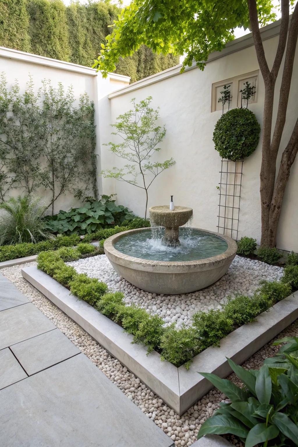 Achieve minimalism with a serene pebble pool fountain.