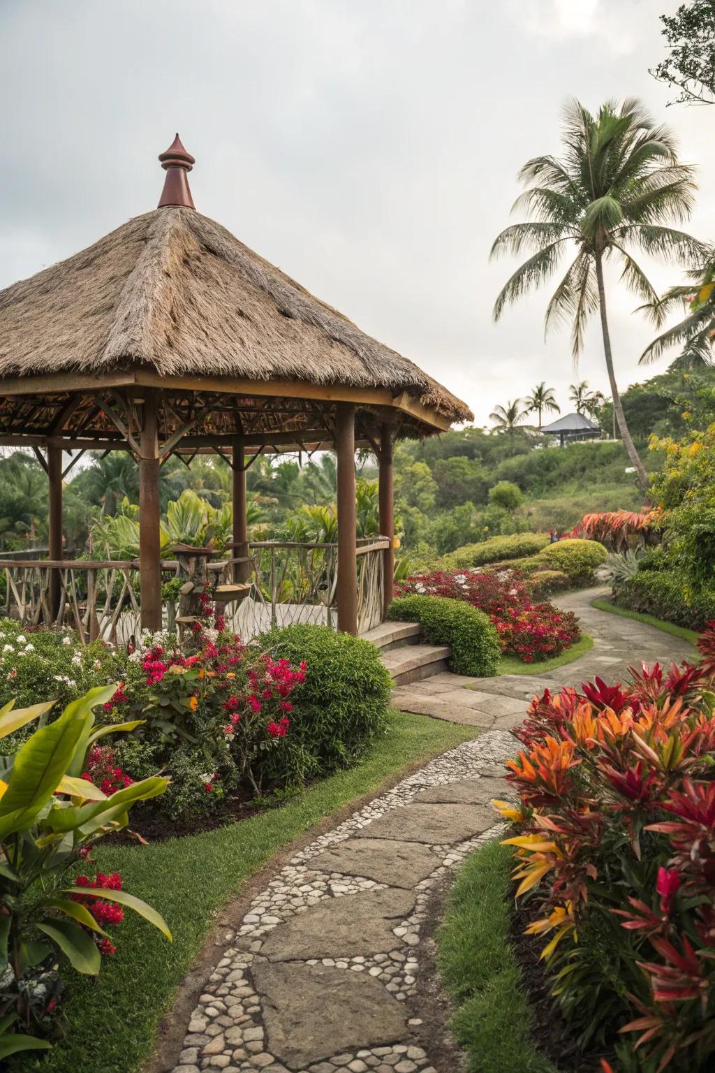 Bring exotic flair to your garden with a woven reed roof.