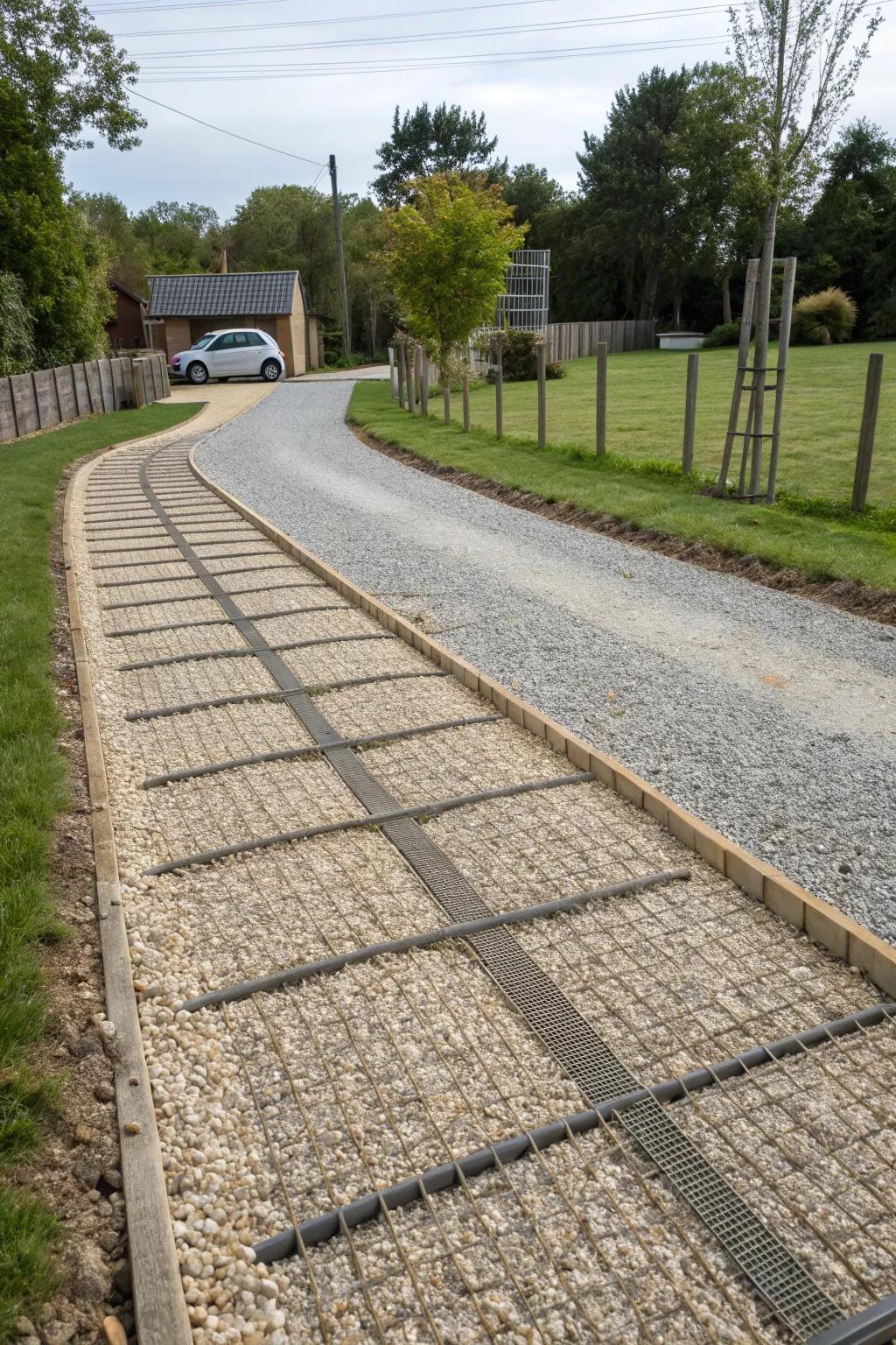 Geotextile grids provide stability and durability for gravel driveways.