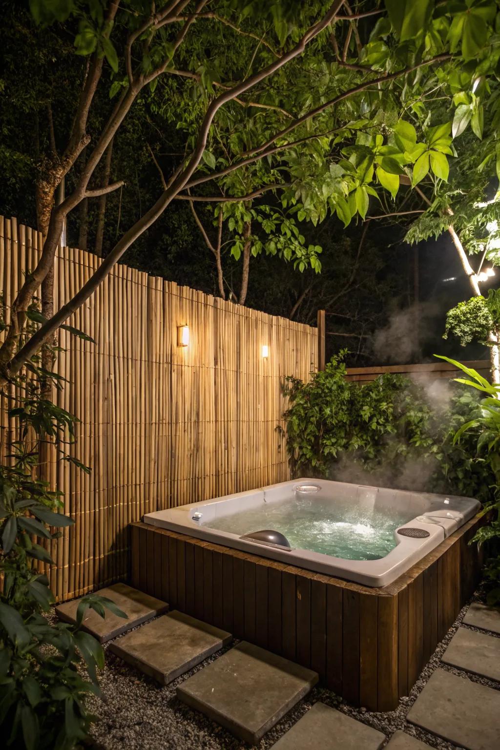 Bamboo panels offer eco-friendly privacy with a tropical touch.
