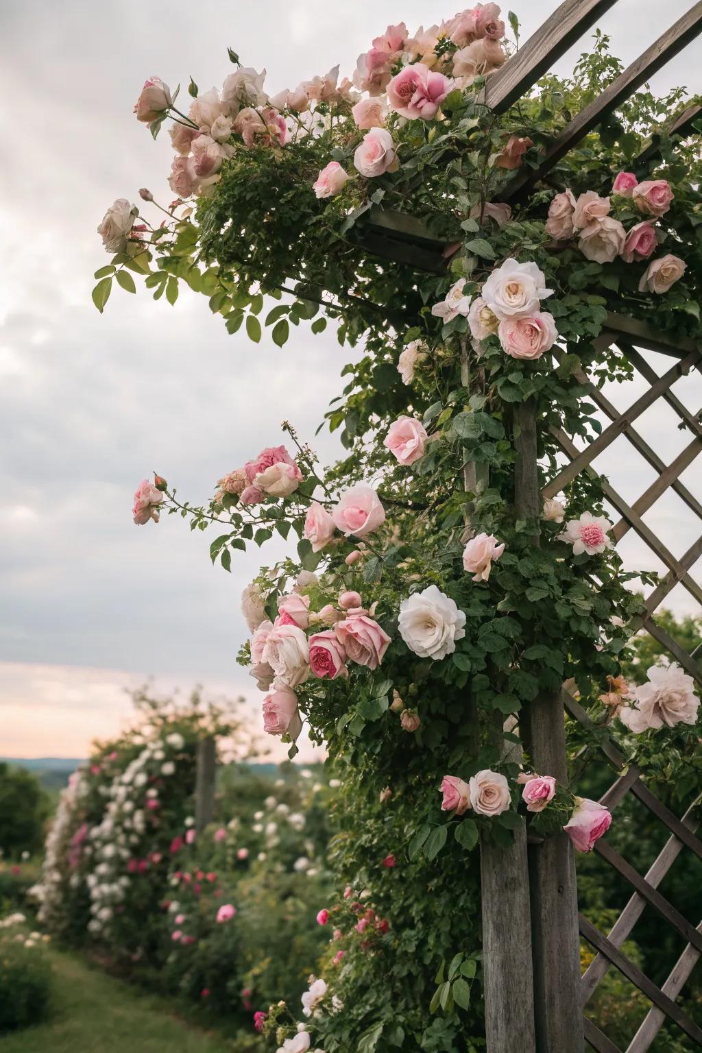 Create a romantic setting with a lattice trellis and climbing roses.