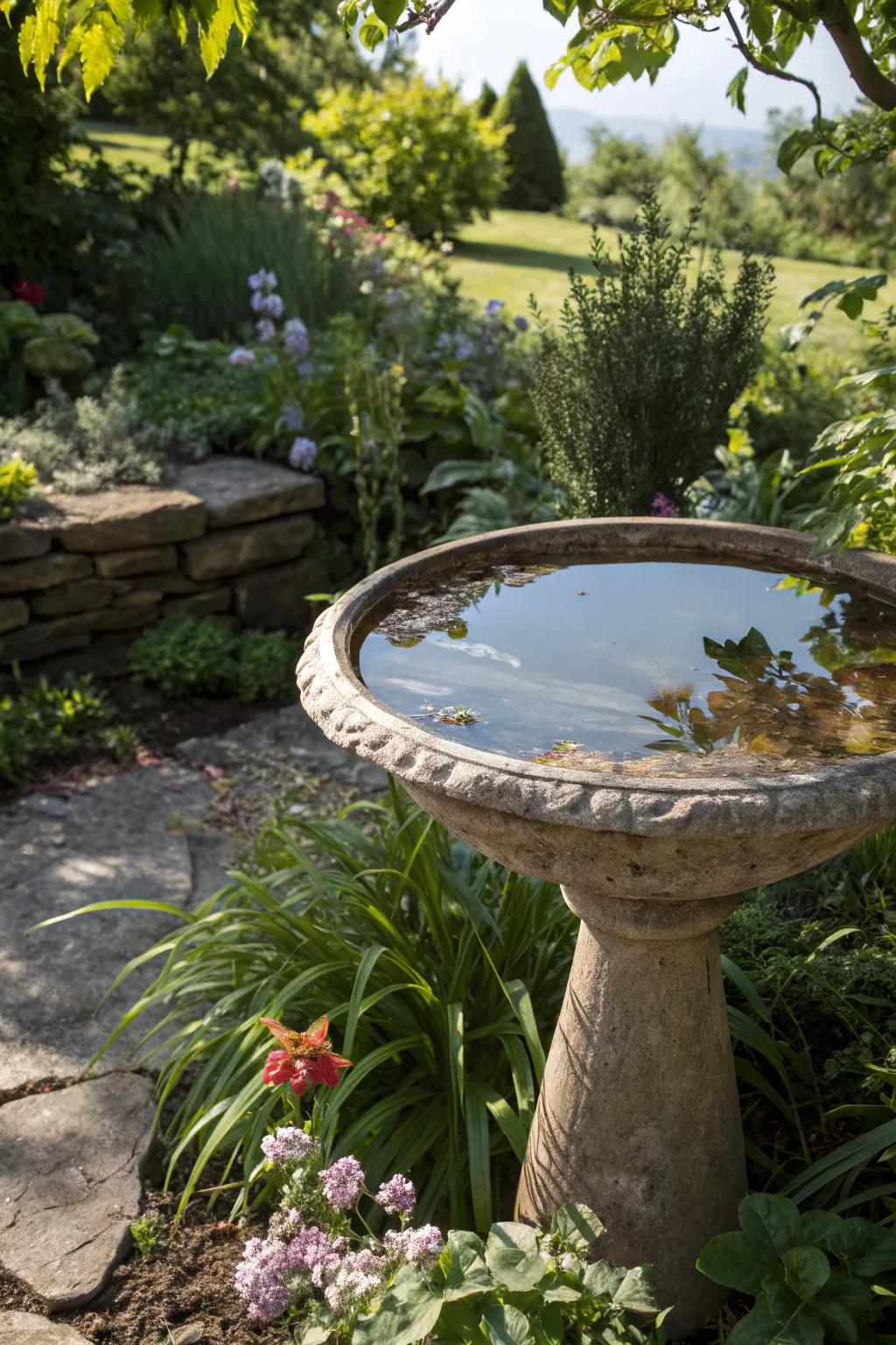 A mirror bird bath adds reflective beauty to the garden.