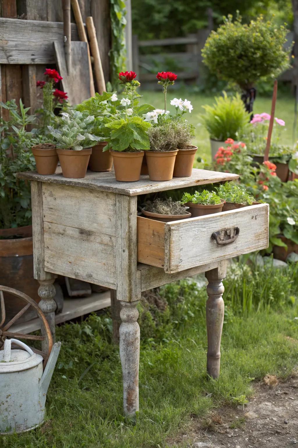 Upcycle a drawer into a charming vintage plant stand.