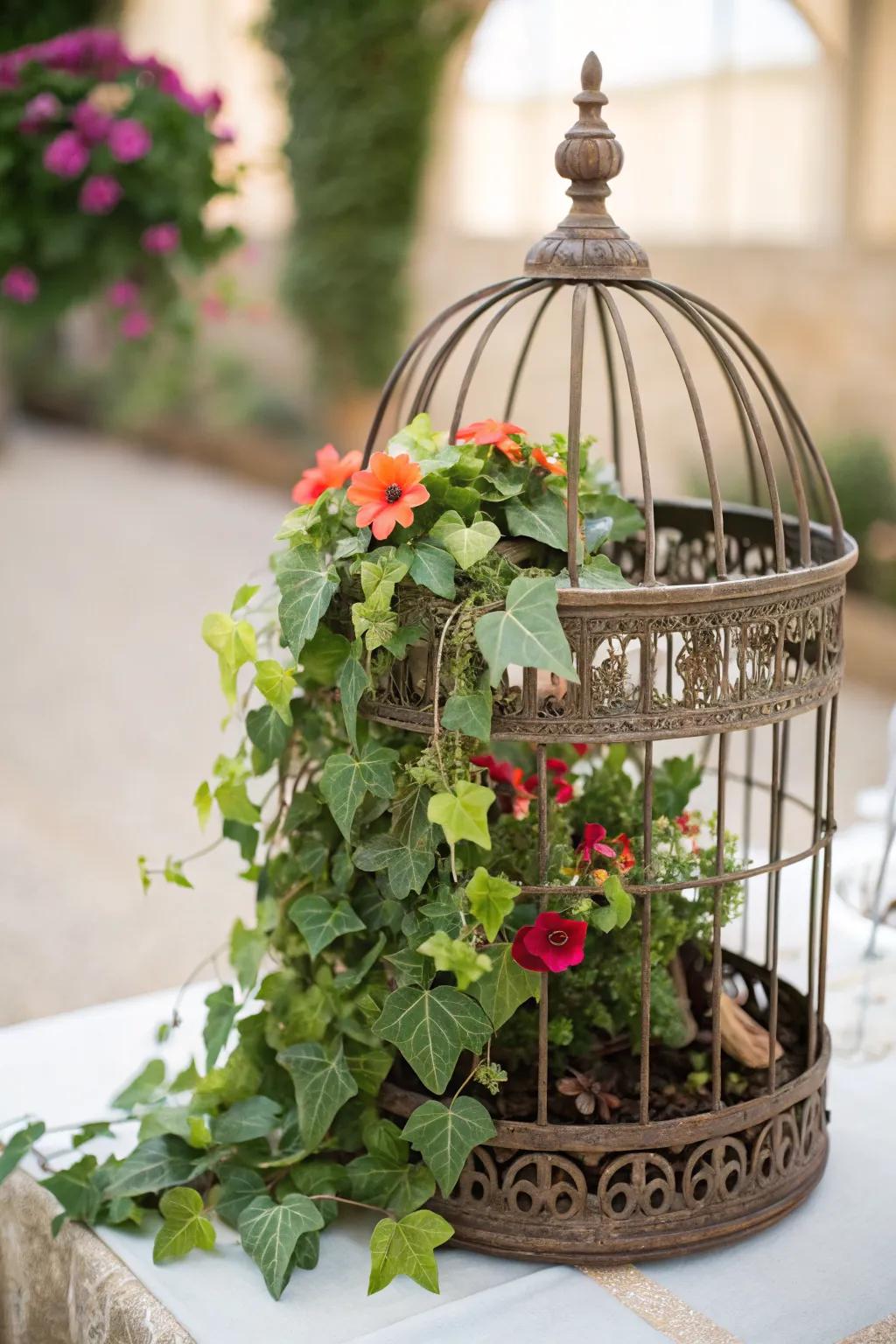 Birdcage planters bring vintage romance to garden spaces.