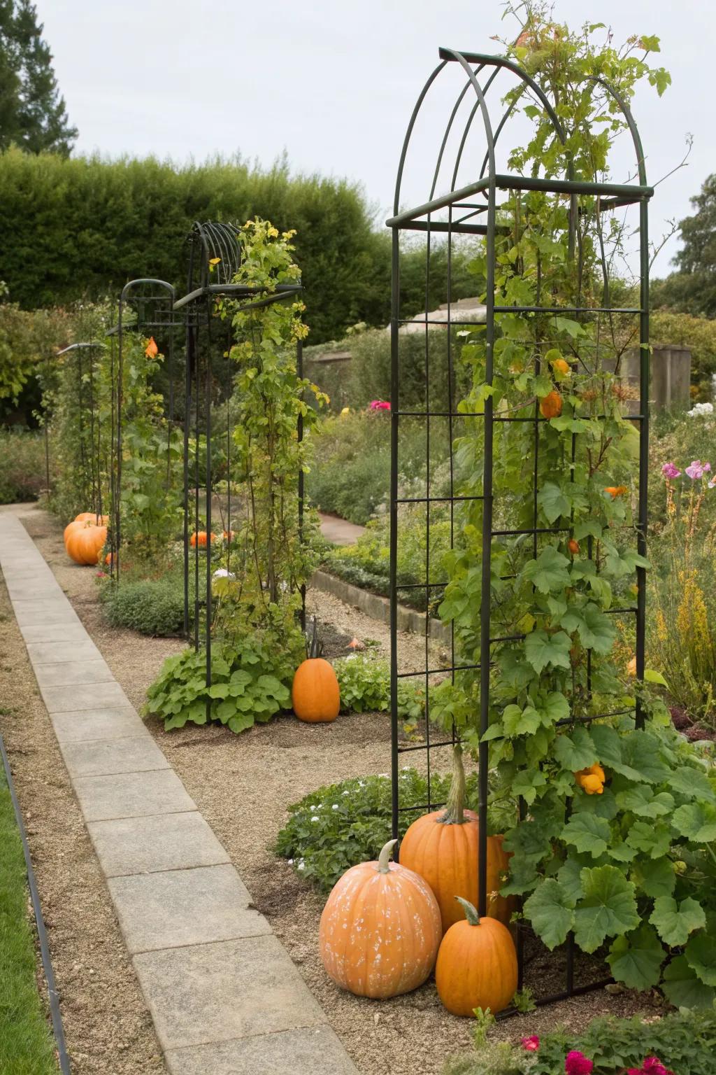 Freestanding trellis screens offer flexibility for your pumpkin garden.