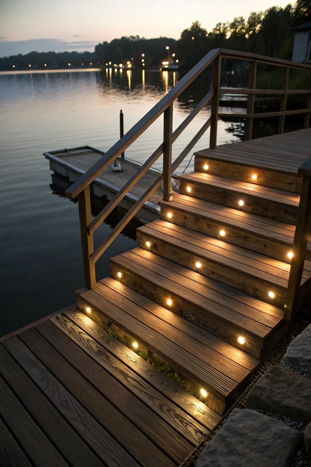Recessed step lights providing safety and style on a dock.