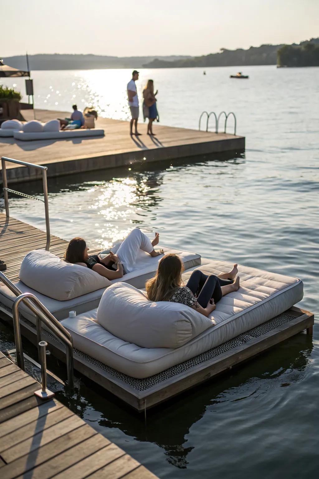 Floating lounges provide a unique and playful seating option on the water.