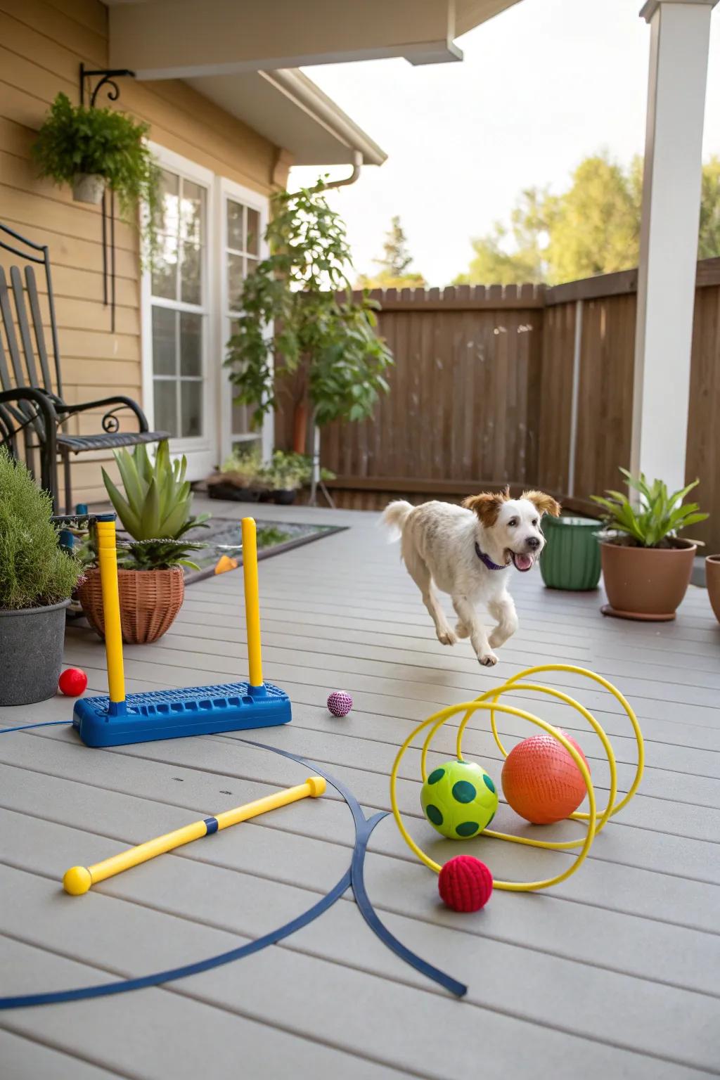 An interactive play area keeps dogs entertained and active.
