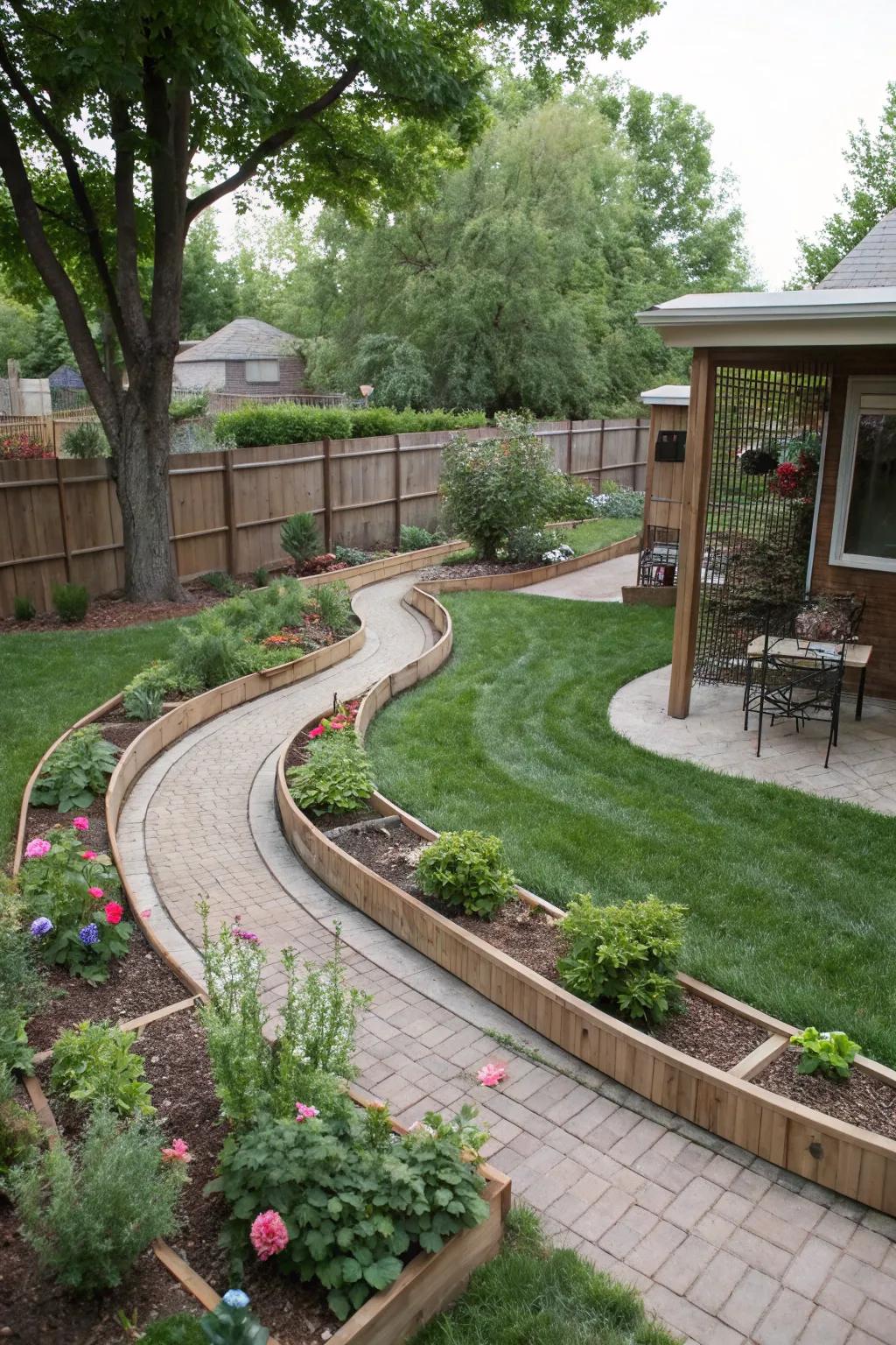 Curved paths create a natural flow and reduce dog-induced wear.