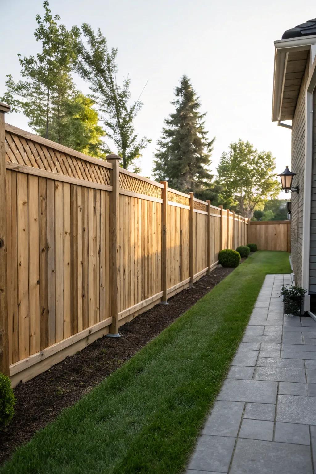 Patterned planks give a modern edge to traditional wooden fences.
