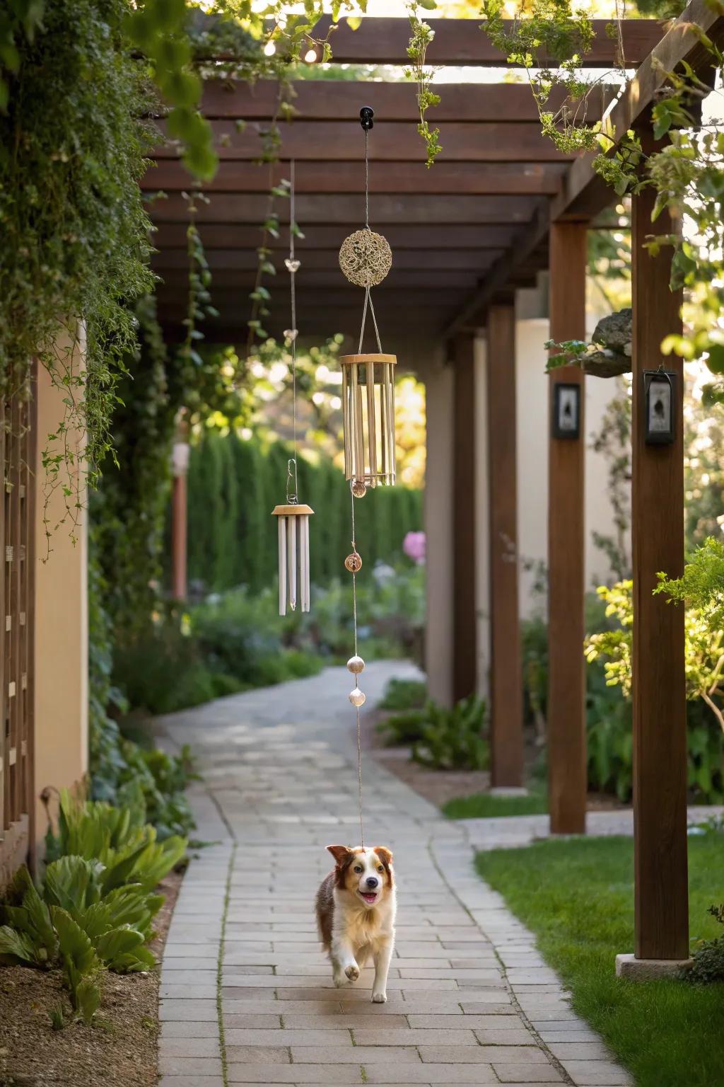 Sounds from wind chimes add a calming ambiance to the space.