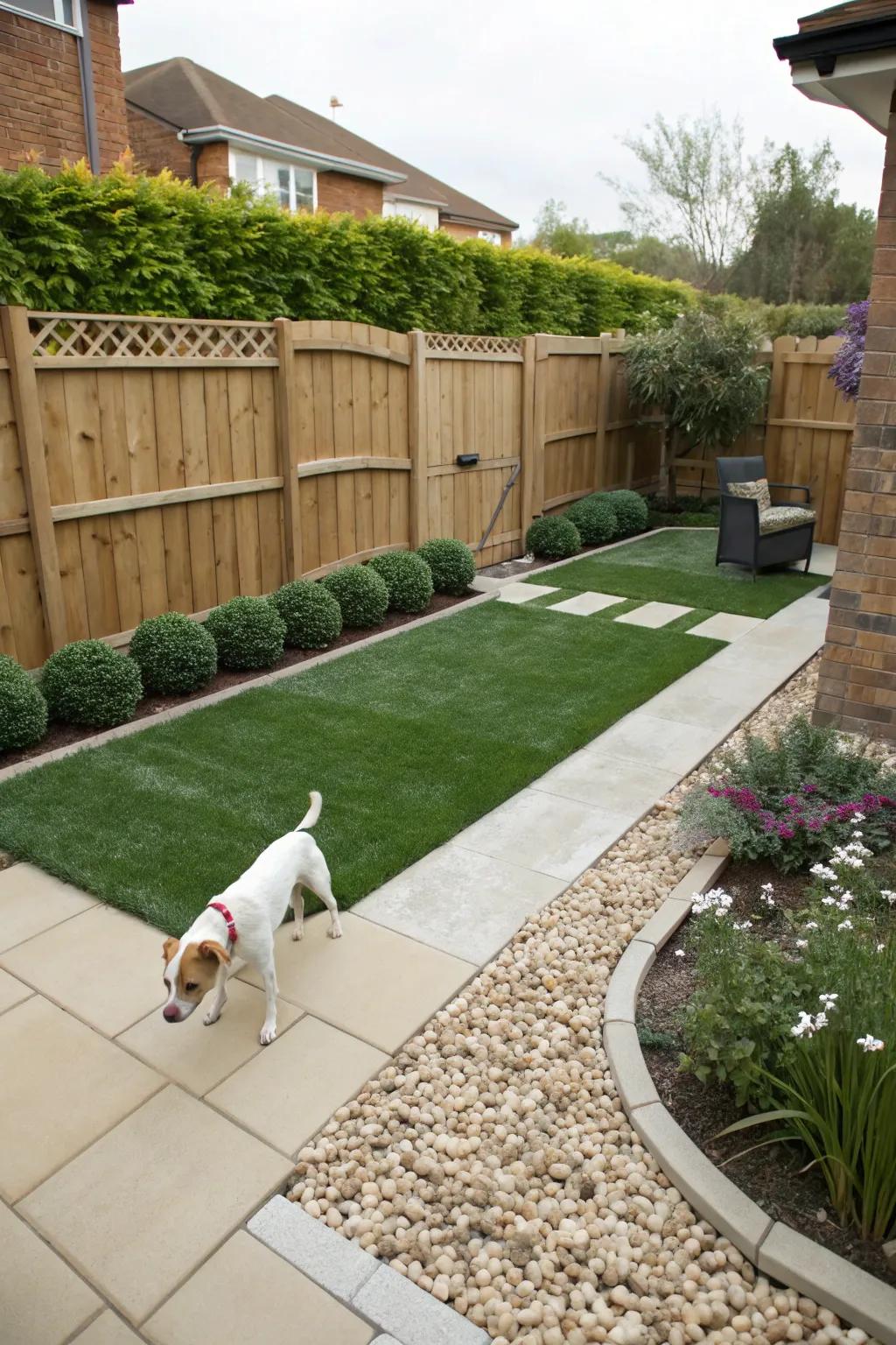 A blend of natural turf offers beauty and practicality in a dog run.