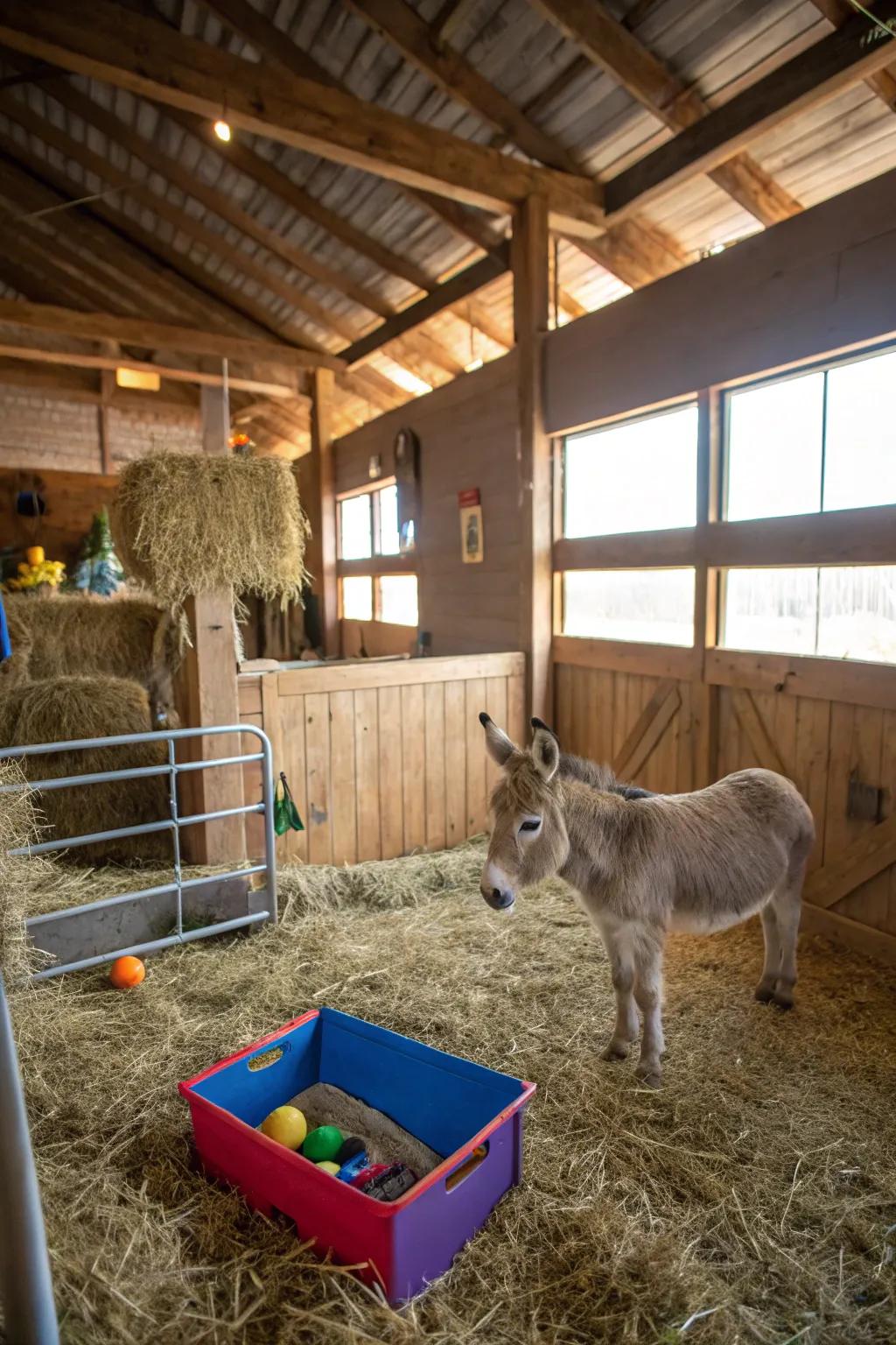 A playful area for donkeys to explore and enjoy.