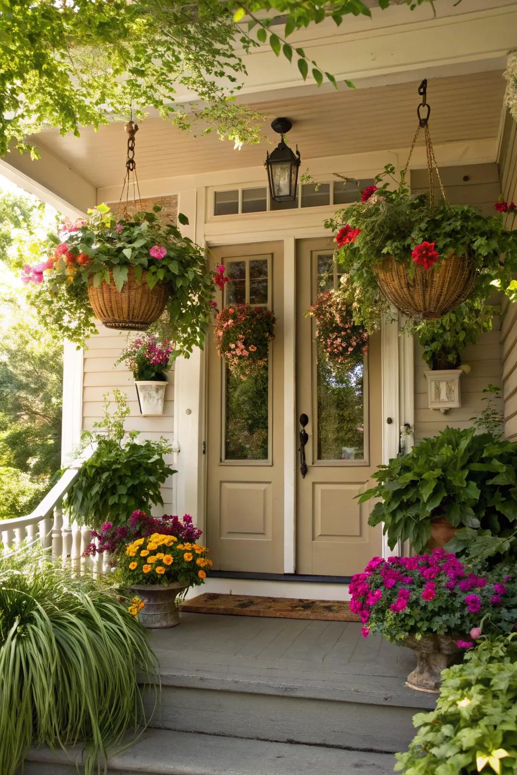 Hanging baskets add vertical interest.
