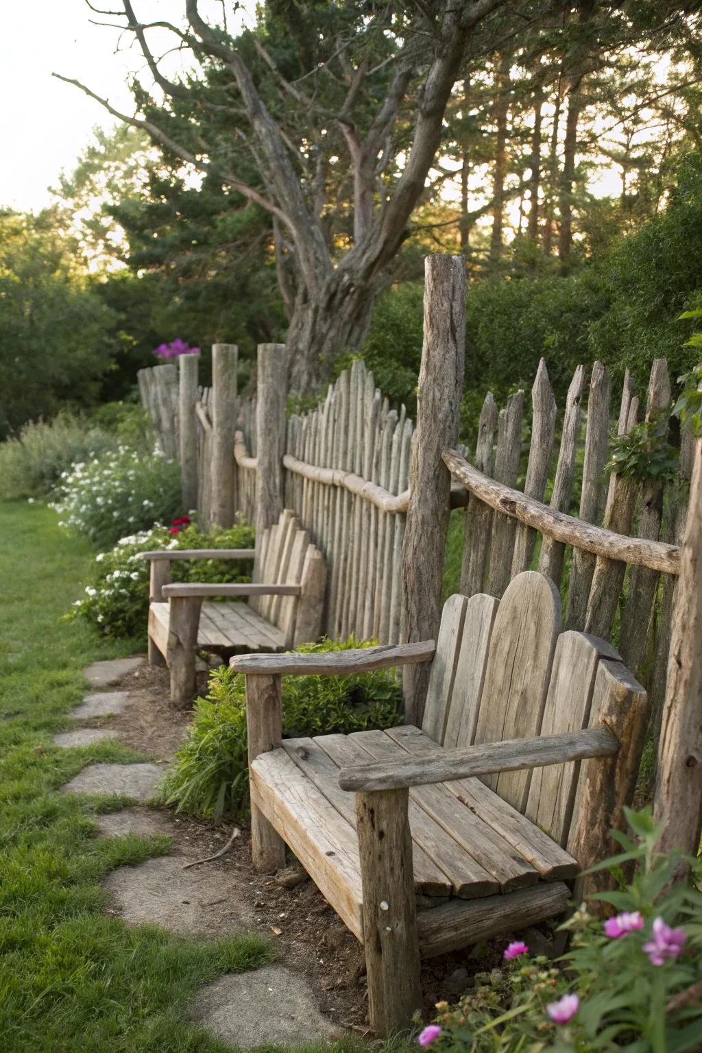Built-in seating adds function to a driftwood fence.