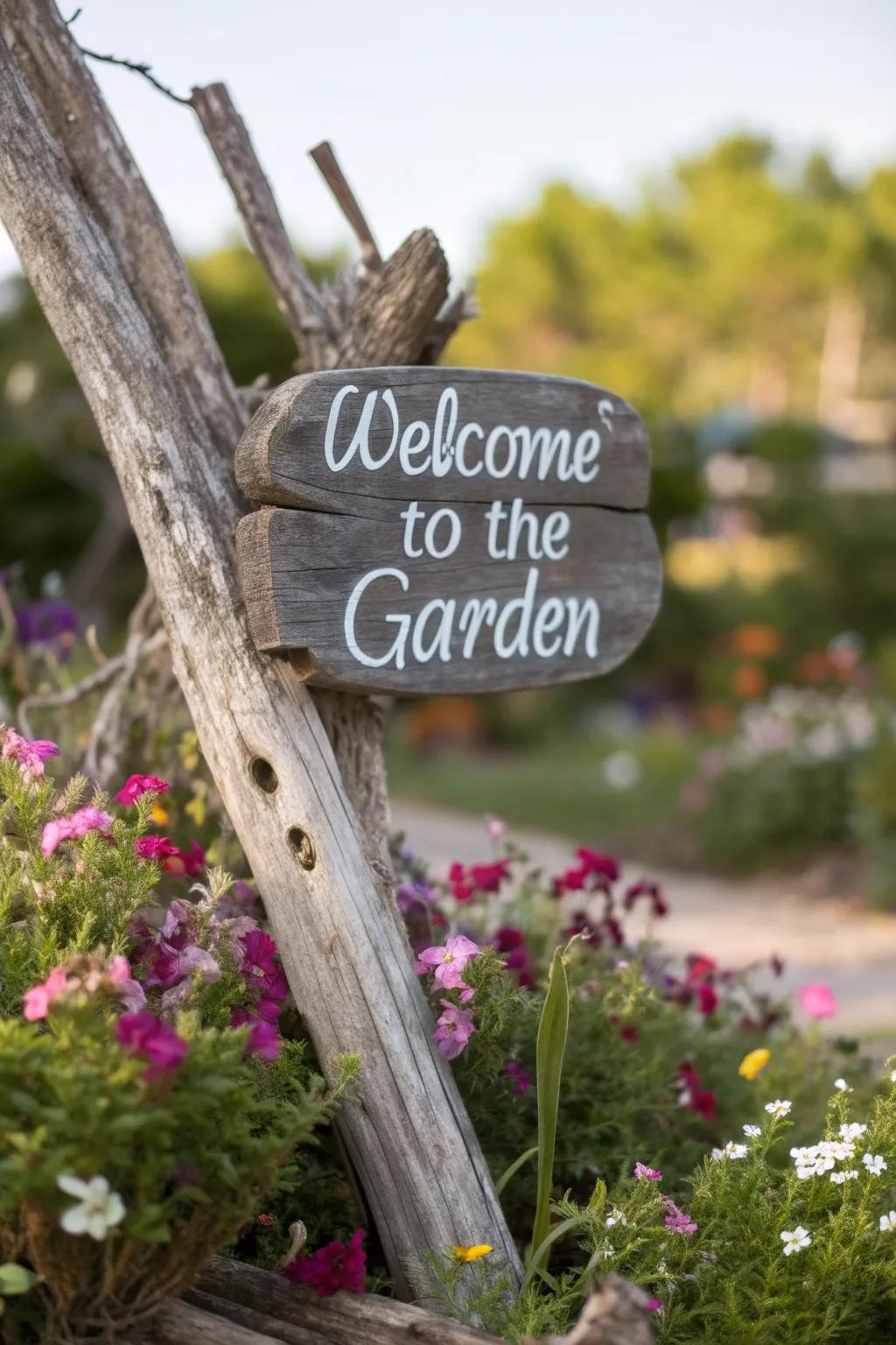 A welcoming driftwood garden sign adding rustic charm.