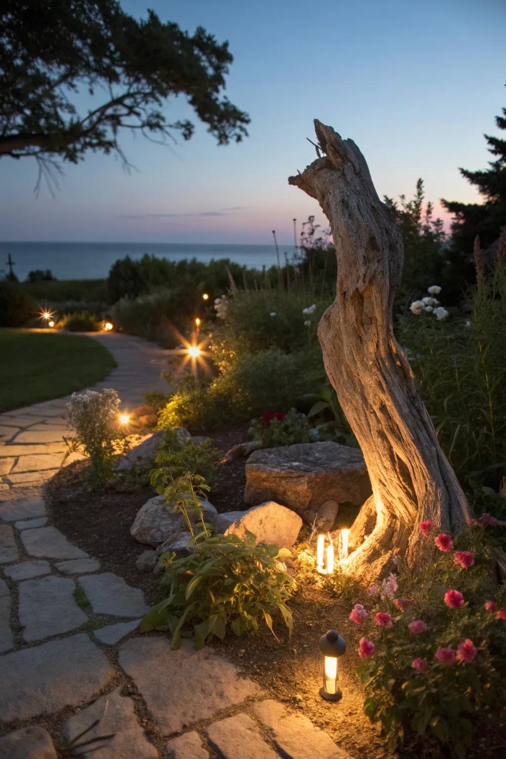 Driftwood enhancing the charm of garden lighting.