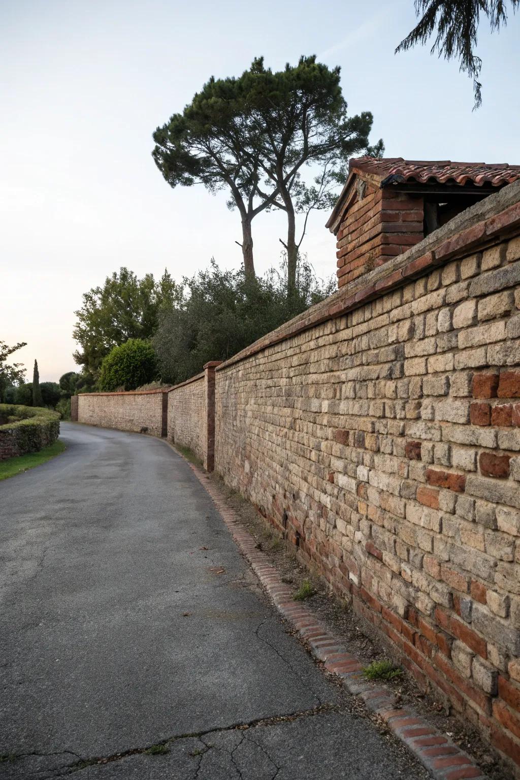 Reclaimed bricks add rustic charm and a unique story to the driveway wall.