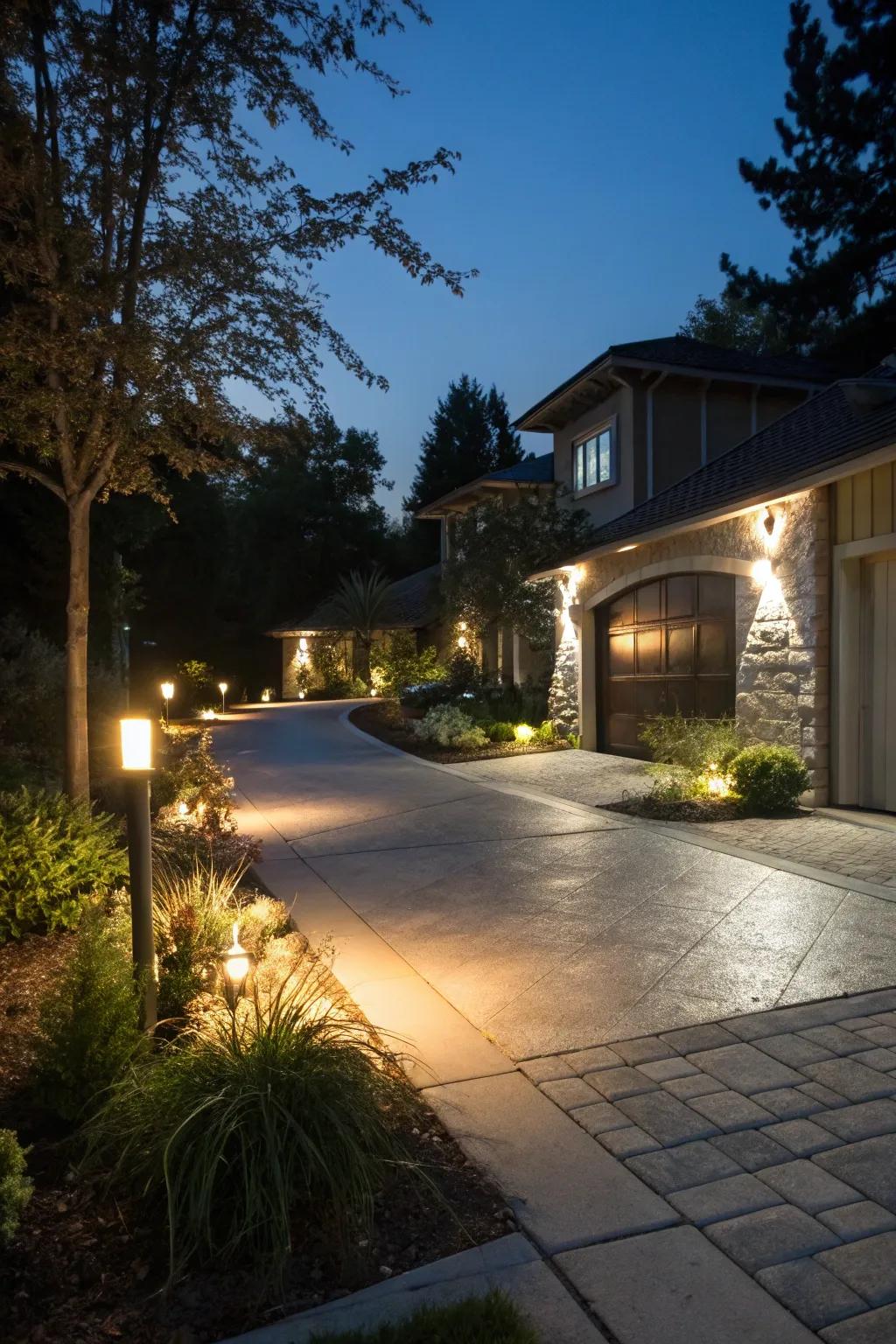 Layered lighting adds depth to your driveway.
