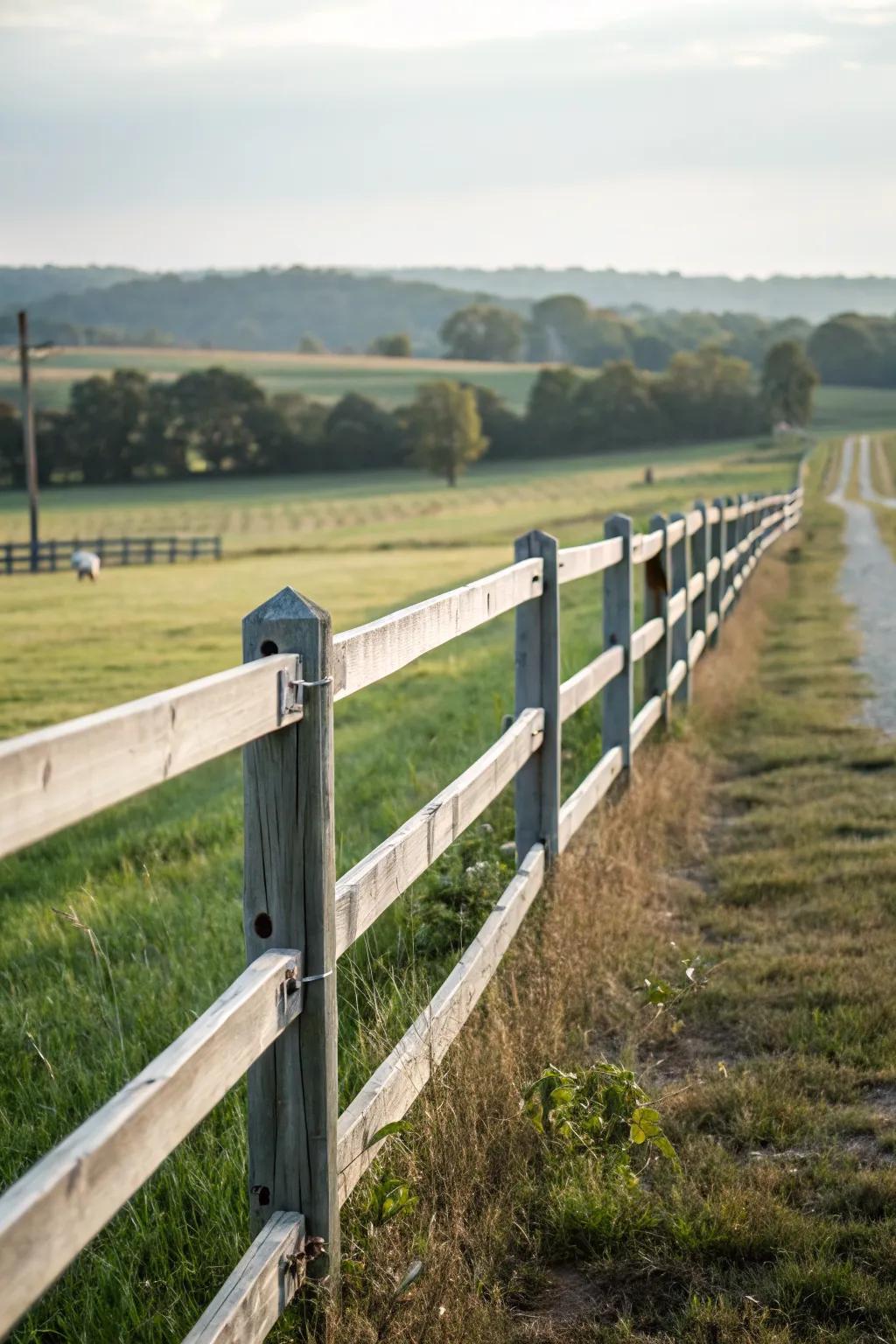 Minimalist metal elements giving a modern touch to a split rail fence.
