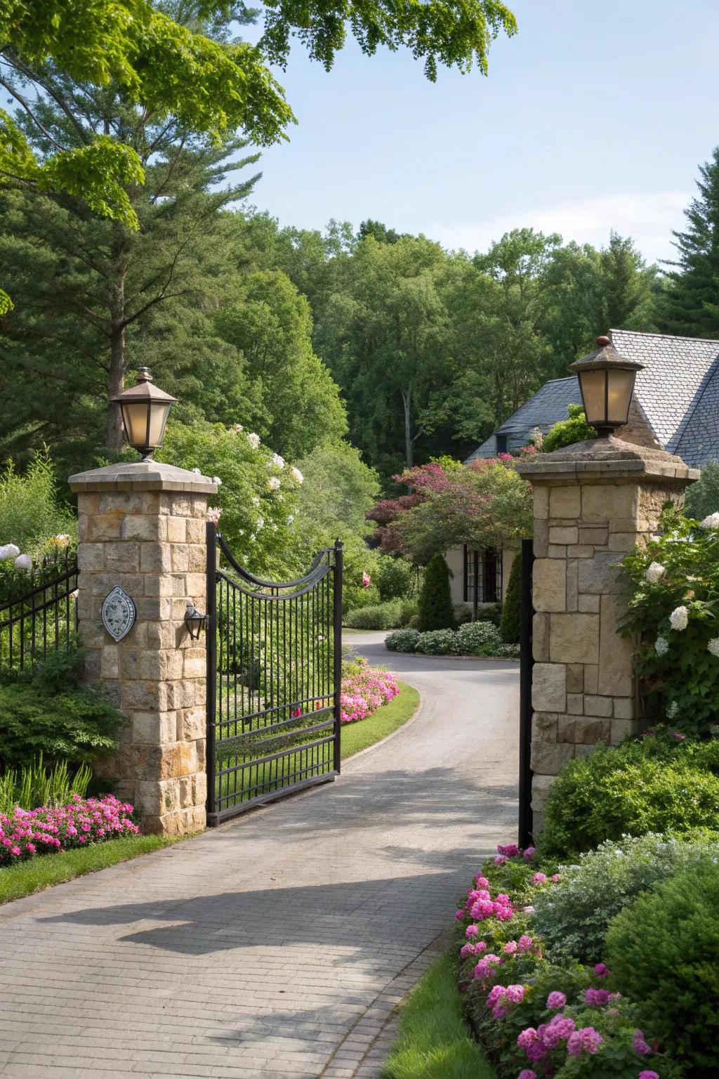 Lush landscaping beautifully integrates with the gate design.