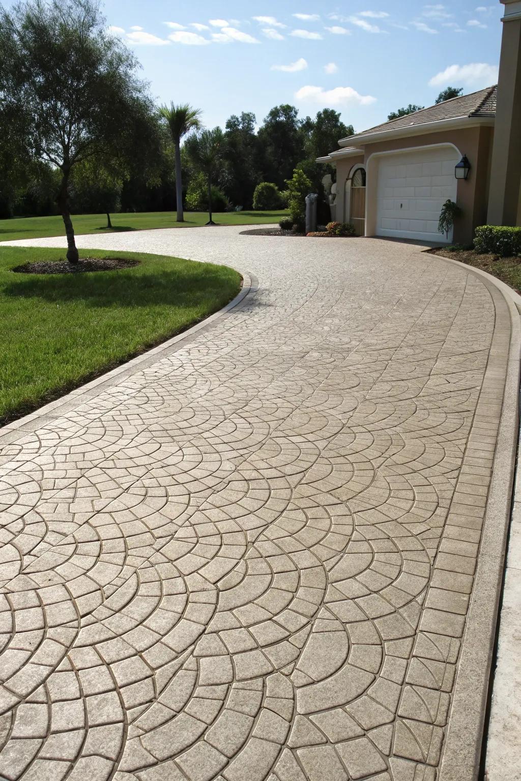 A driveway with intricate and affordable stamped concrete.