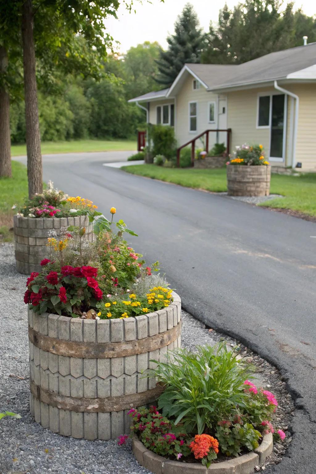 Recycled planters offer an eco-friendly charm.