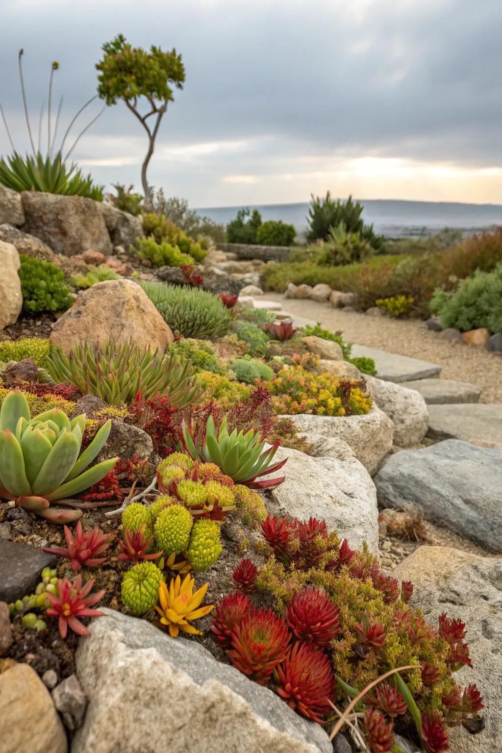 A rock garden with succulents offers a lush, low-maintenance landscape.