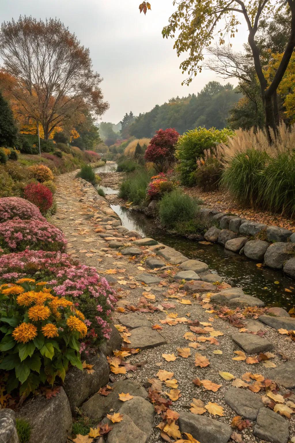 Seasonal decorations keep a dry river bed fresh and interesting.