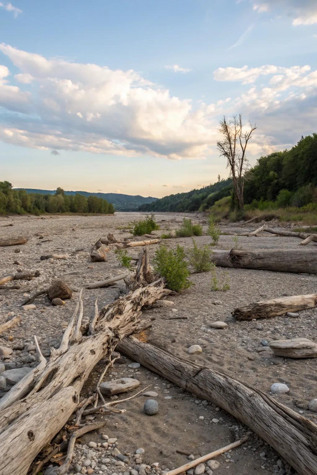 Driftwood introduces a unique, natural element to a dry river bed.