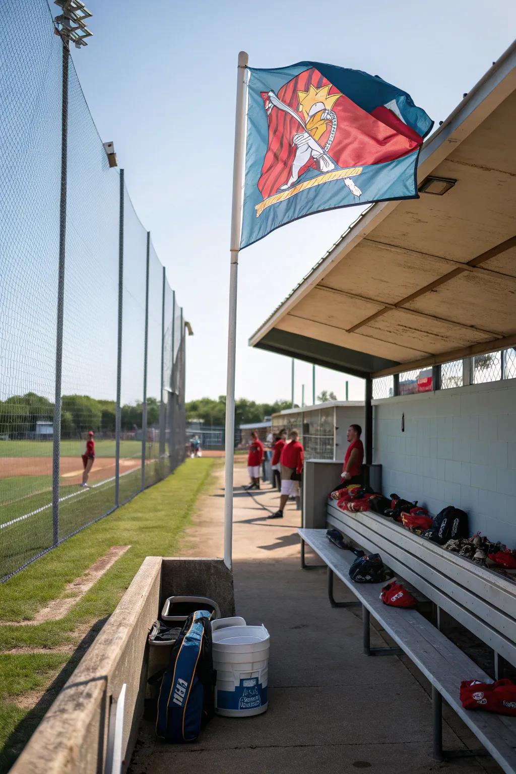 A team flag flies proudly in the dugout, boosting morale.