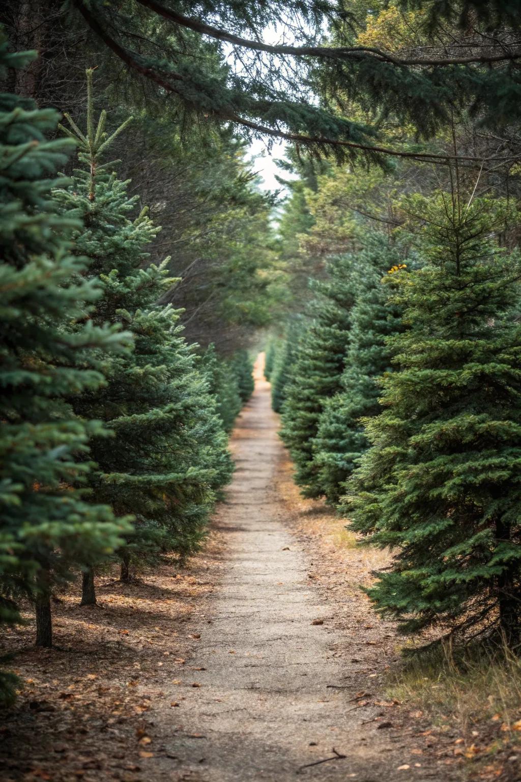 Magical woodland path enhanced by dwarf Alberta spruce trees.