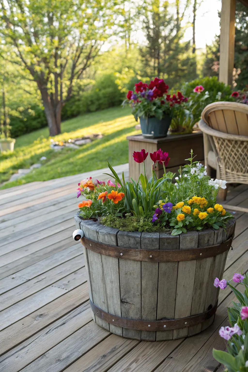 Reclaimed wood planter adding rustic charm and warmth to the garden.