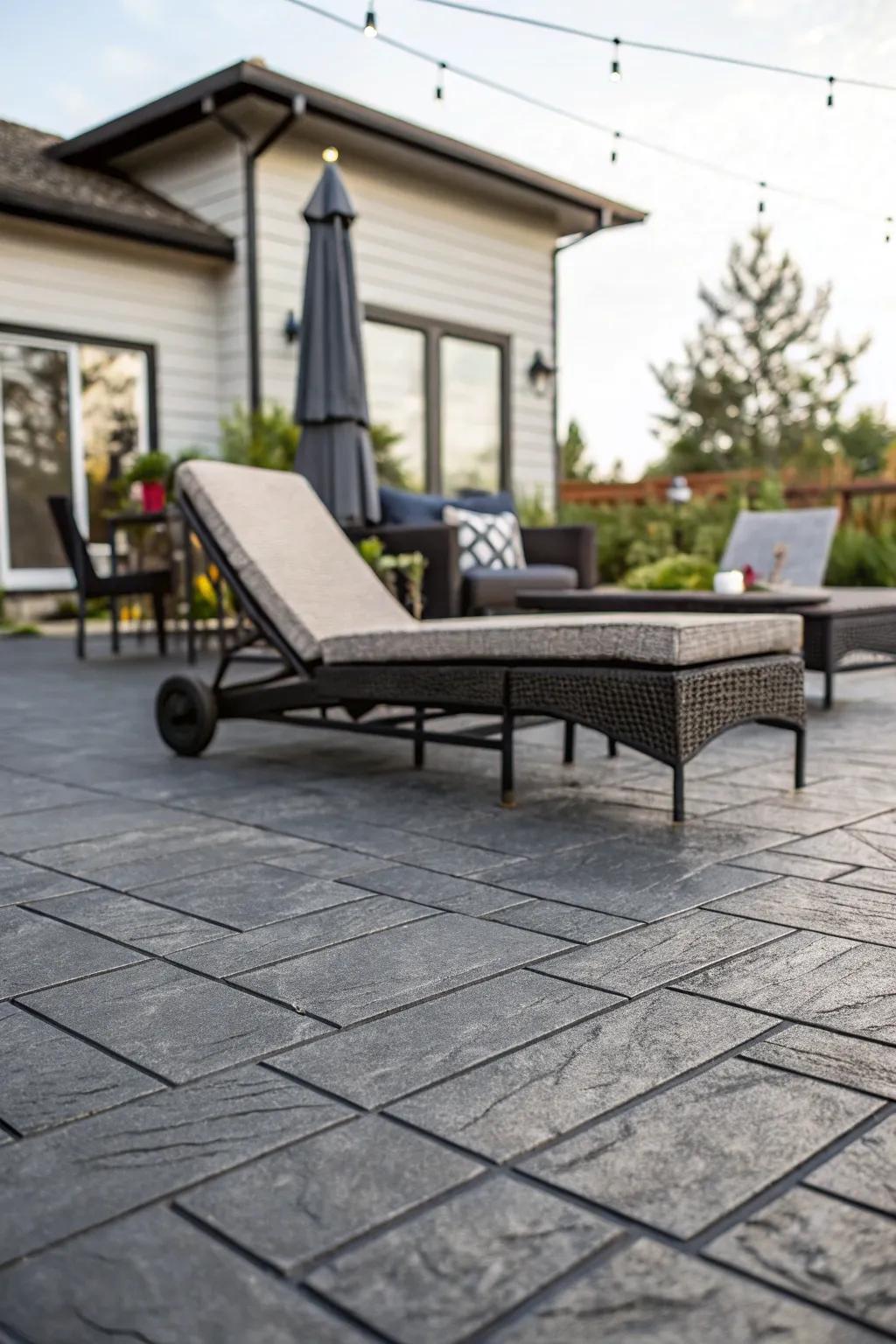 A chic outdoor lounge featuring charcoal geometric pattern stamped concrete.