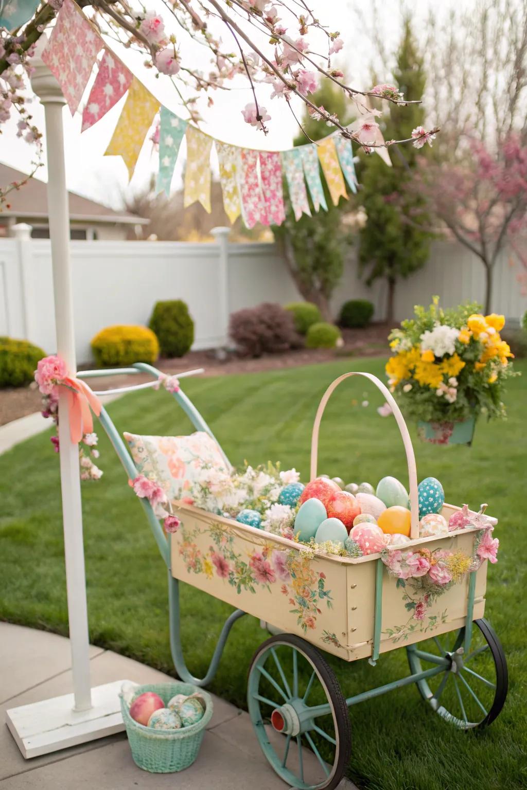 Add a touch of whimsy with a cart filled with Easter eggs and garlands.