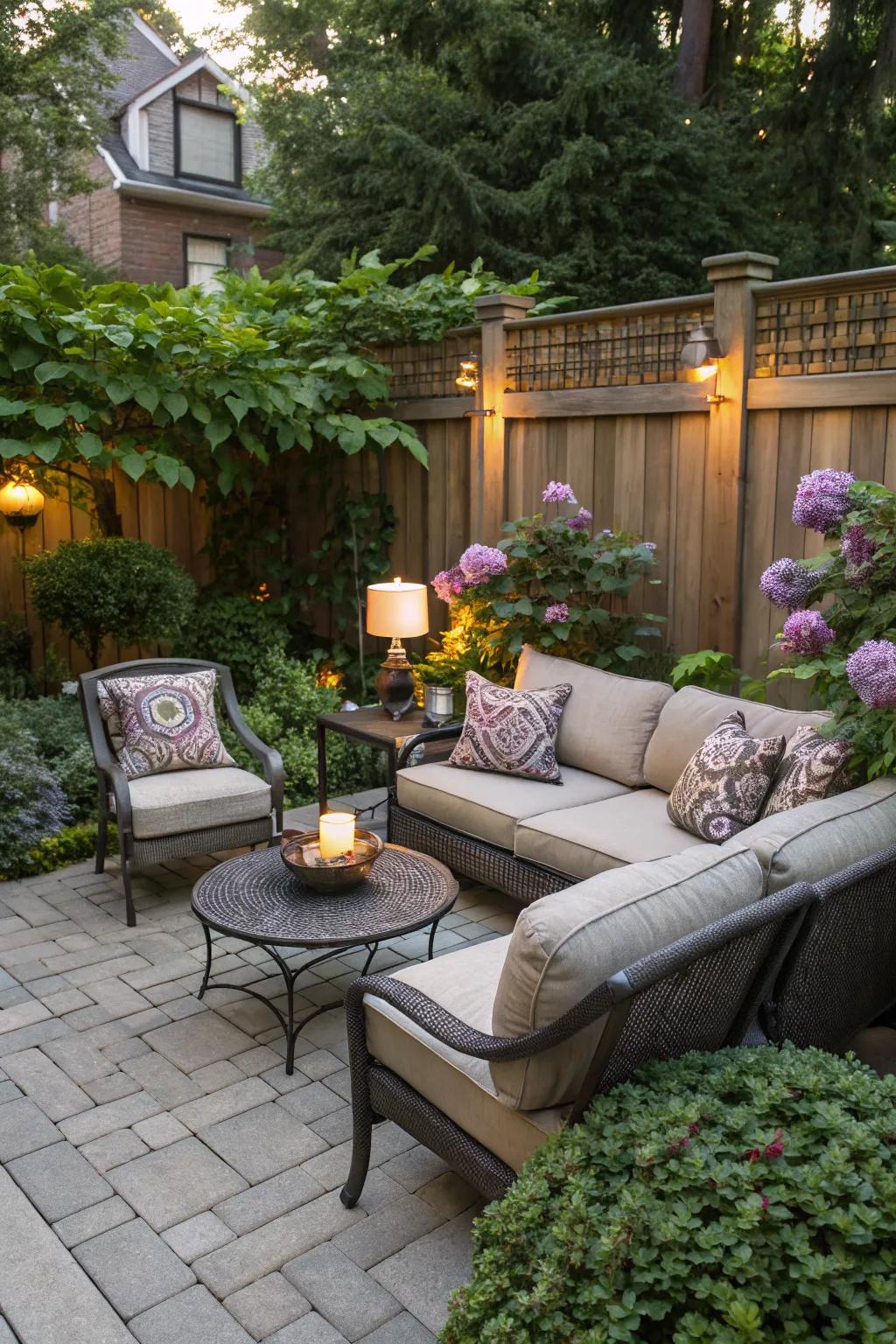 A relaxation corner offers a personal retreat on your patio.