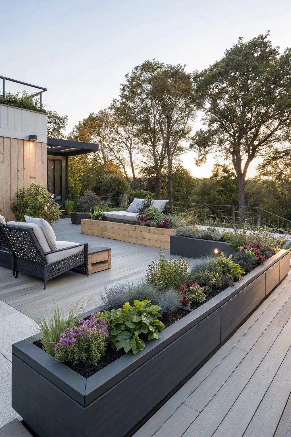 Sleek and modern floating deck garden beds.