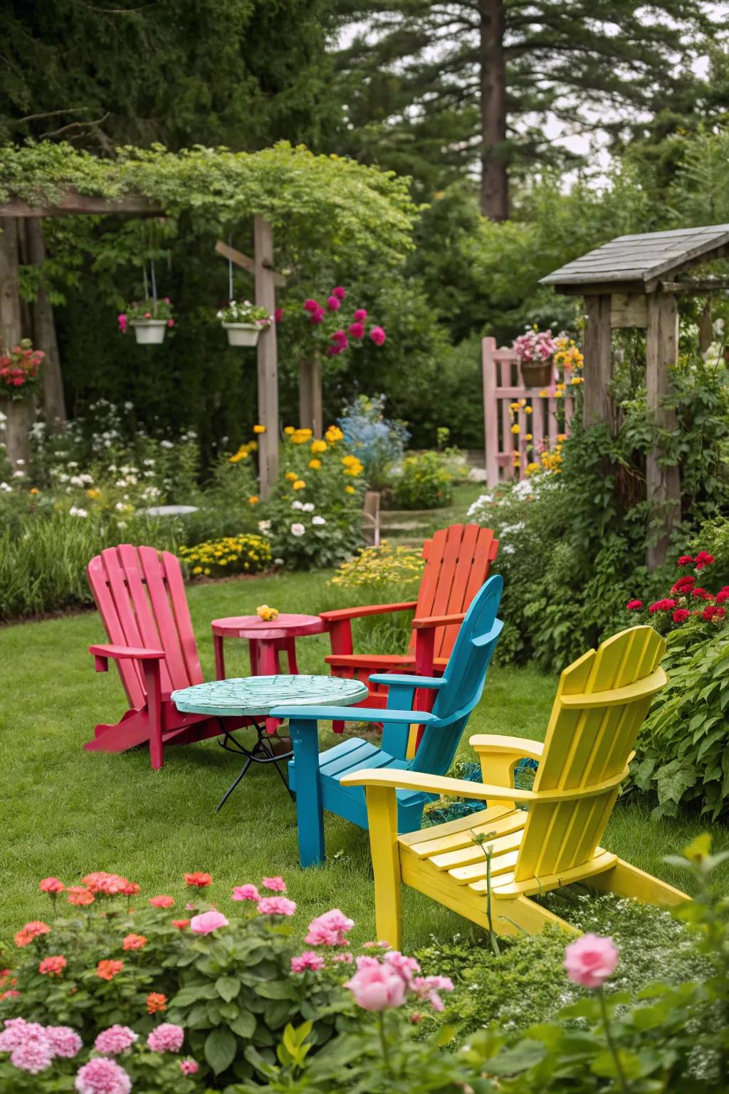 Brightly painted furniture breathes life into this vibrant garden setting.