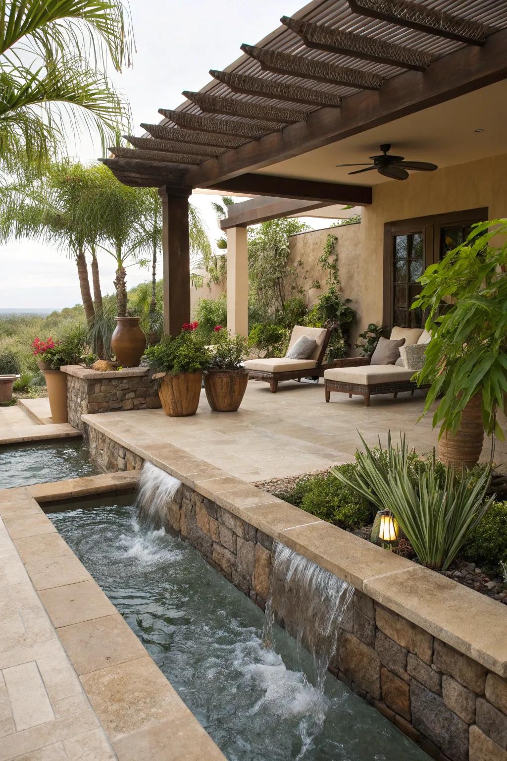 A tranquil patio complete with a soothing water feature along its edge.