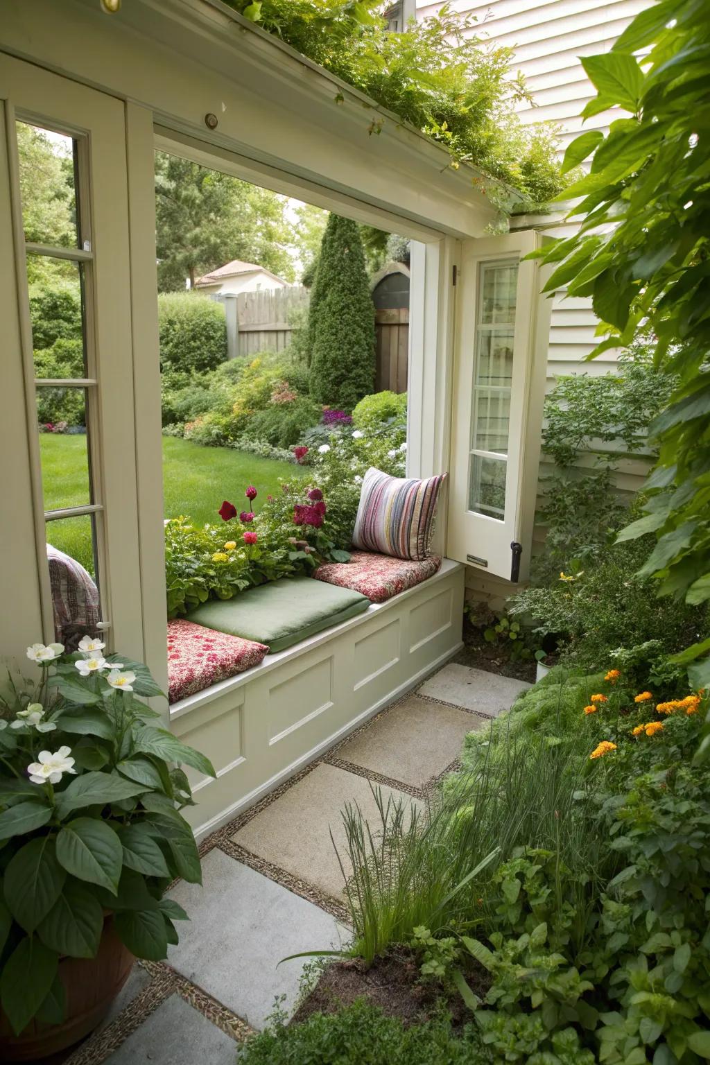 Built-in storage keeps garden tools and accessories neatly organized.