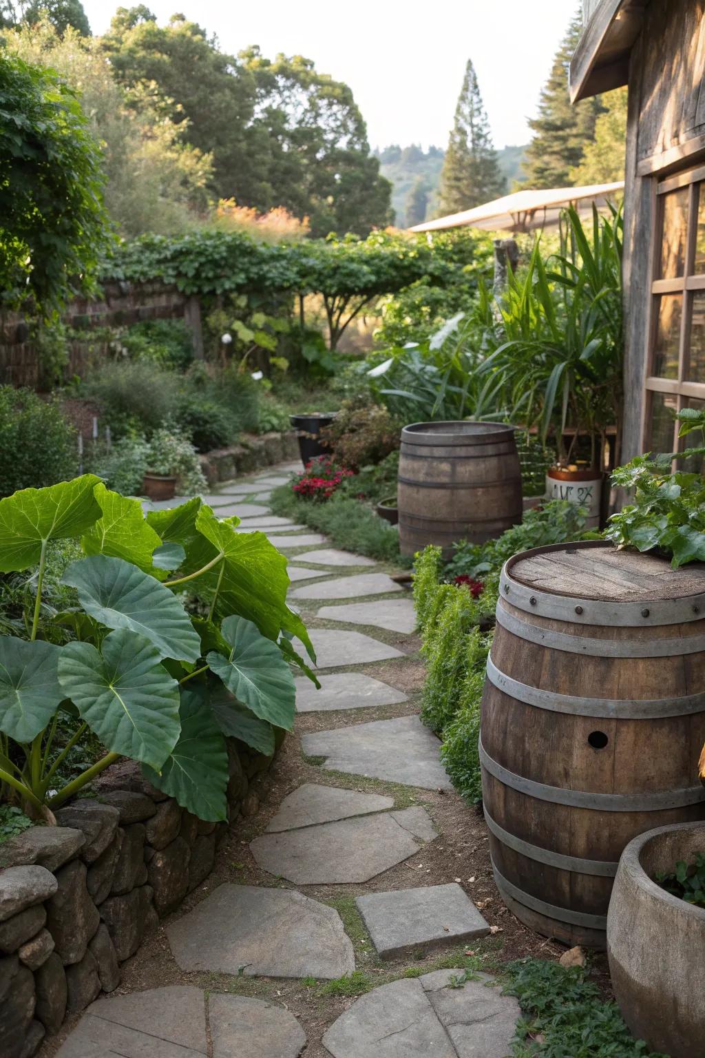 Infuse rustic charm into your garden with elephant ears and natural elements.