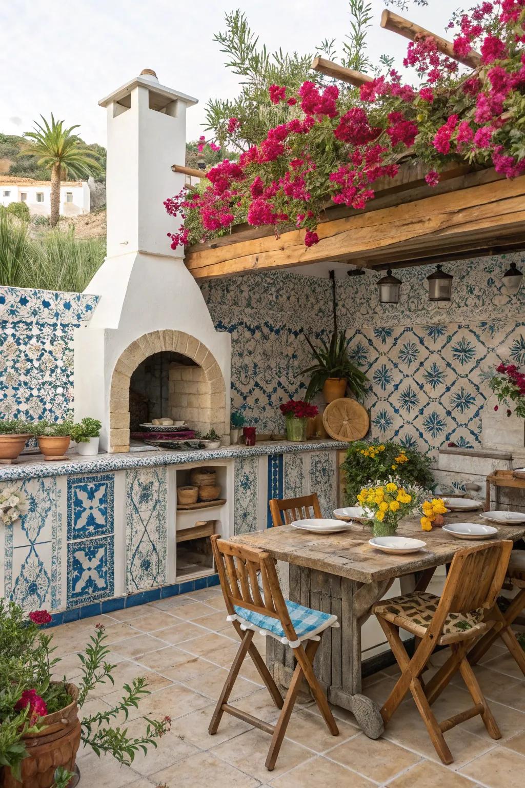 A Mediterranean-inspired outdoor kitchen with vibrant tiles and decor.