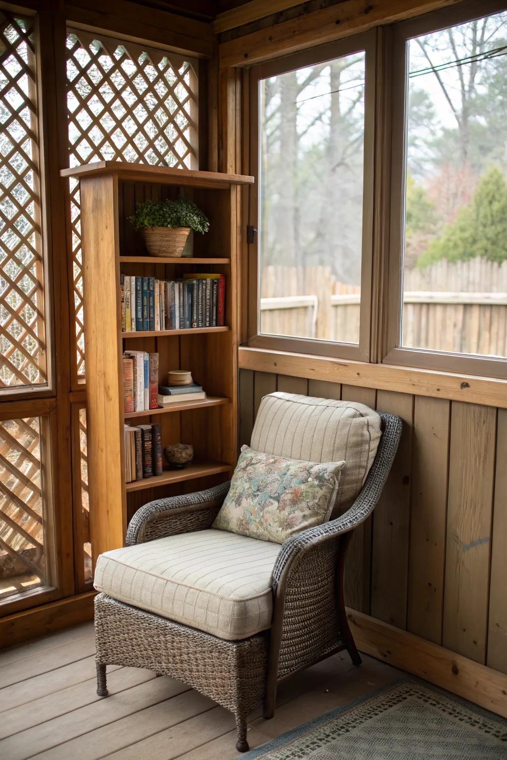 A reading nook invites relaxation and solitude.