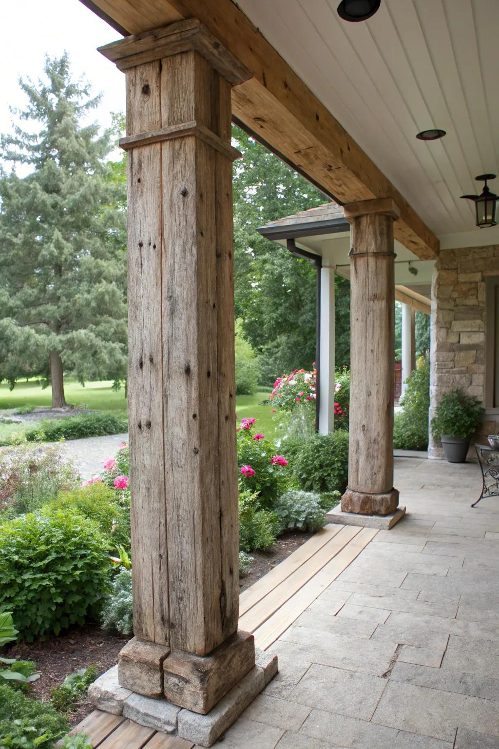 Reclaimed wood columns tell a unique story.