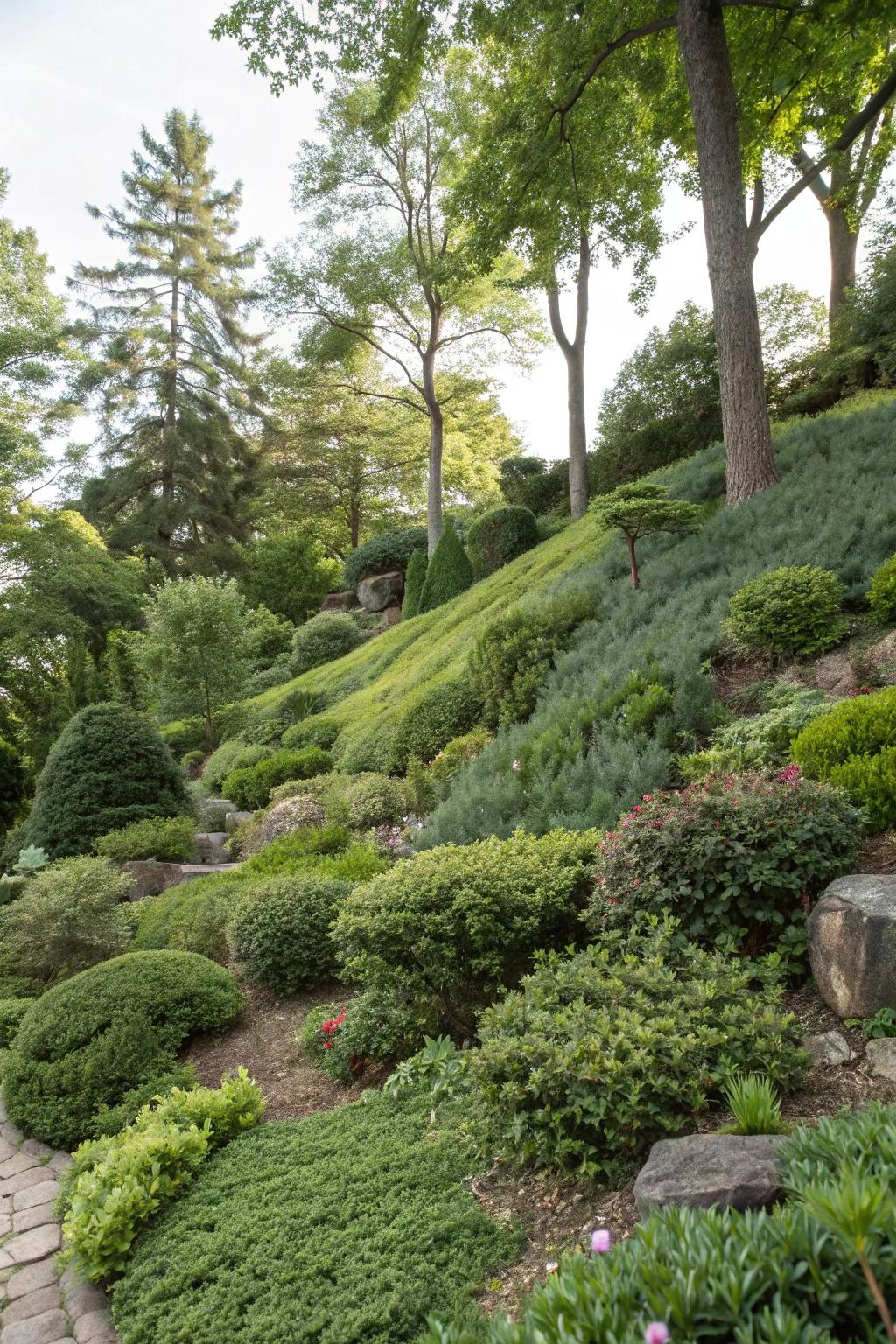 A lush garden slope stabilized with deep-rooted trees and shrubs.